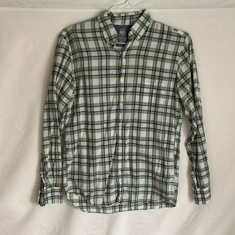 Green and blue plaid button down shirt